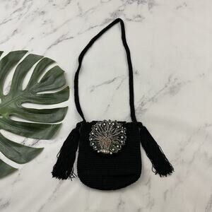 Vintage 90s Crochet Beaded Small Purse Bag Black Peacock Bird Tassels Cross Body